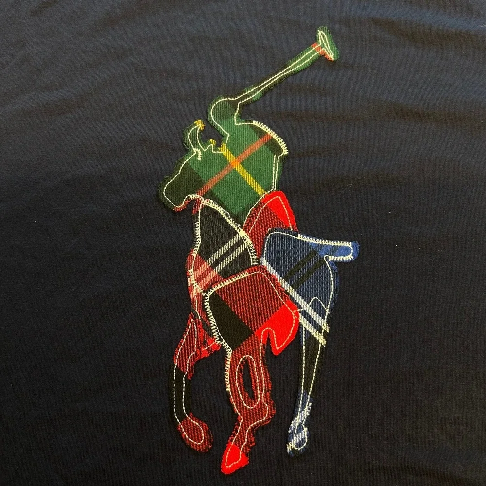 Polo Ralph Lauren Mens XL Navy Blue Plaid Patchwork Big Pony T-Shirt Classic Fit